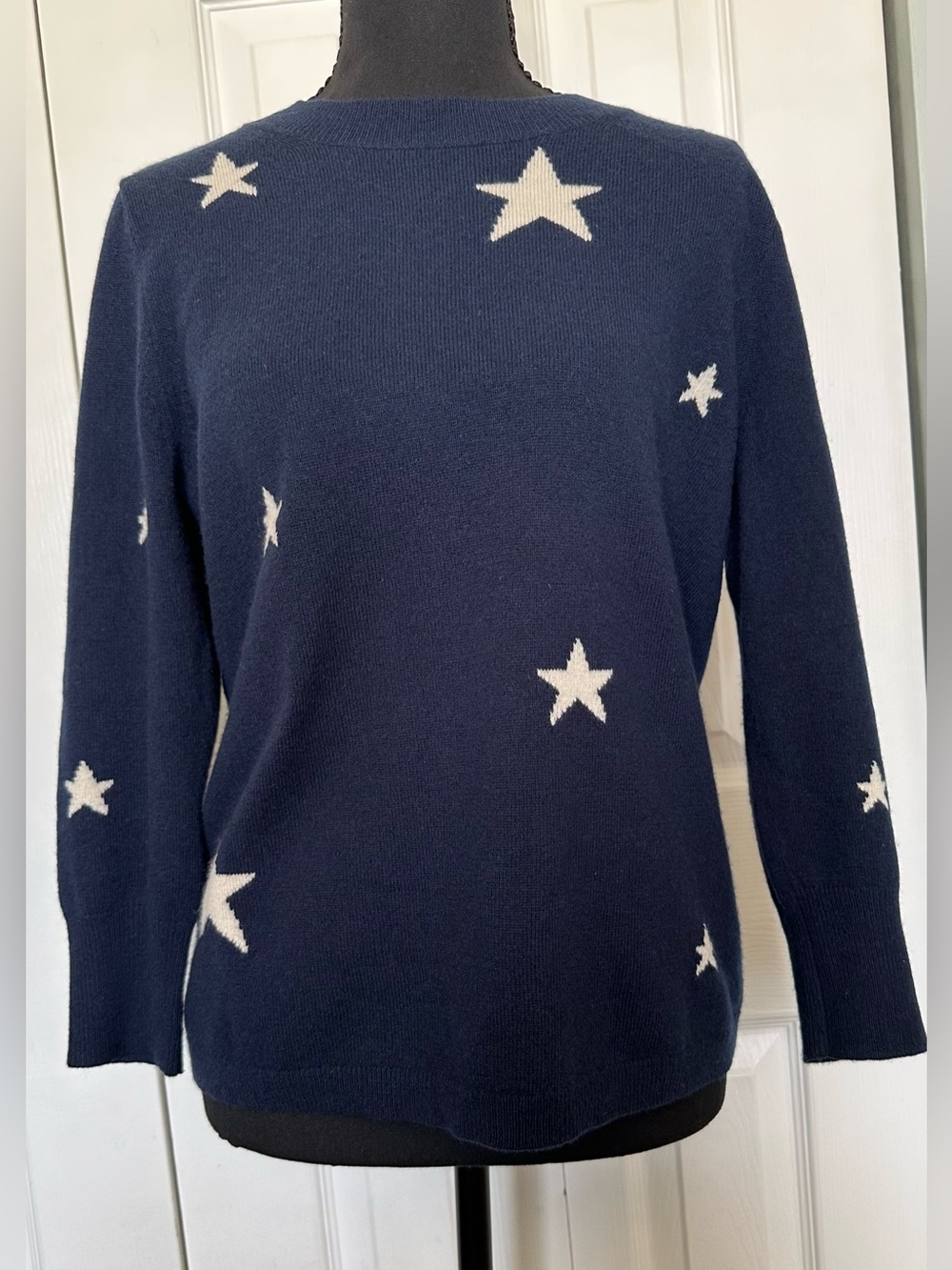 J.Crew 100% Cashmere Navy Star Sweater, Size Medium